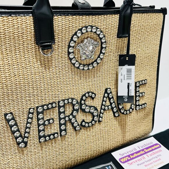 Versace Medusa La Vacanza Studded Raffia Leather Trim Large Tote Bag NWT $2,075 - Picture 7 of 16